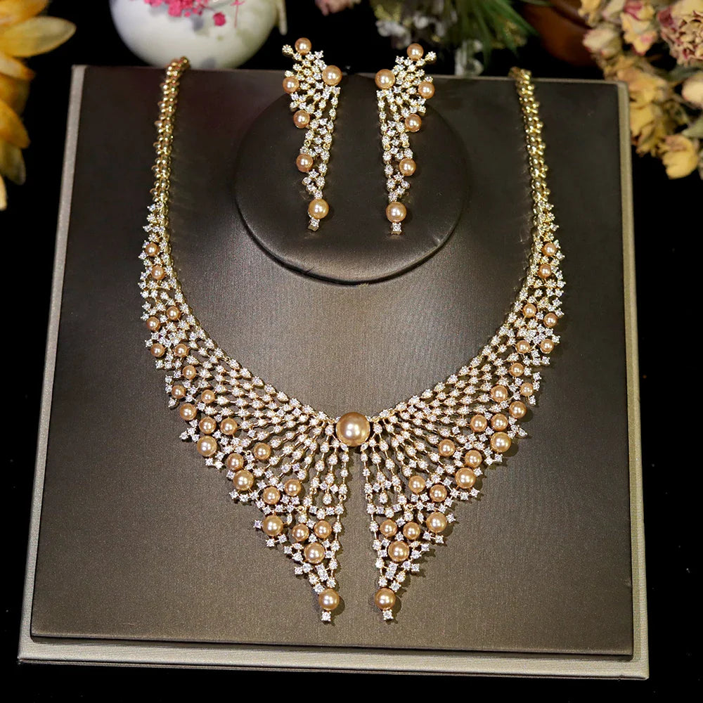 Luxury Cubic Zirconia 2pcs Pearl Necklacе Nigeria Dubai Bridal Wedding Jewellery Sets For Women Party  Accessories