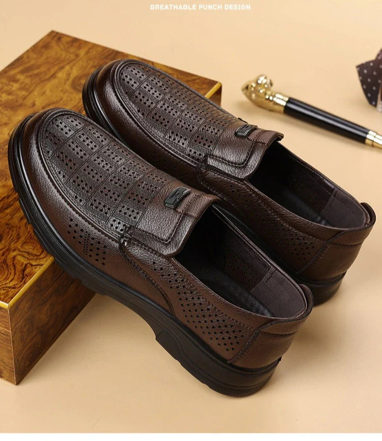 Men's Summer Breathable Leather Loafers Brown Hollow Out Slip-On Shoes Male Thick Sole Comfortable Non-slip Work Shoes for Man