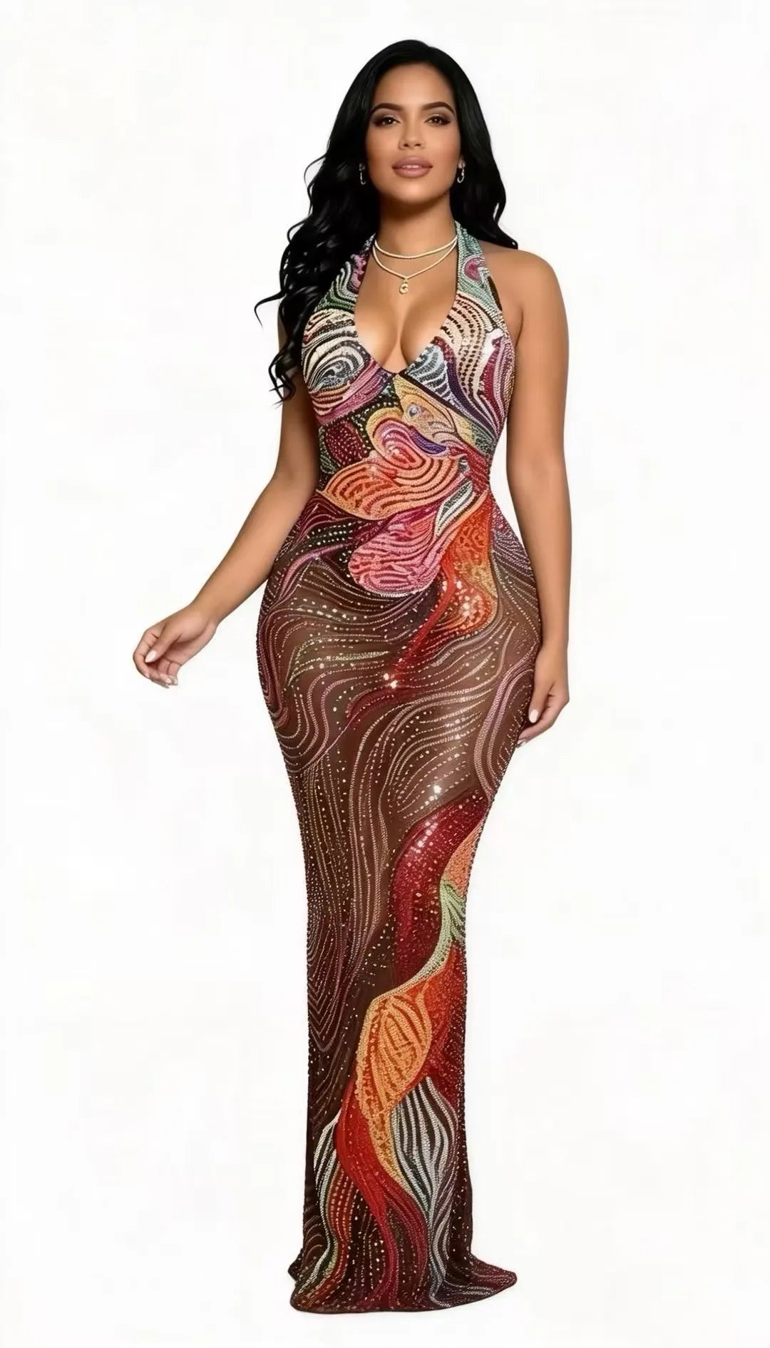 Plus Size Sexy Sheer Mesh Dress with Low Back & Colorful Rhinestones - Glamorous Nightclub & Party Gown for Women