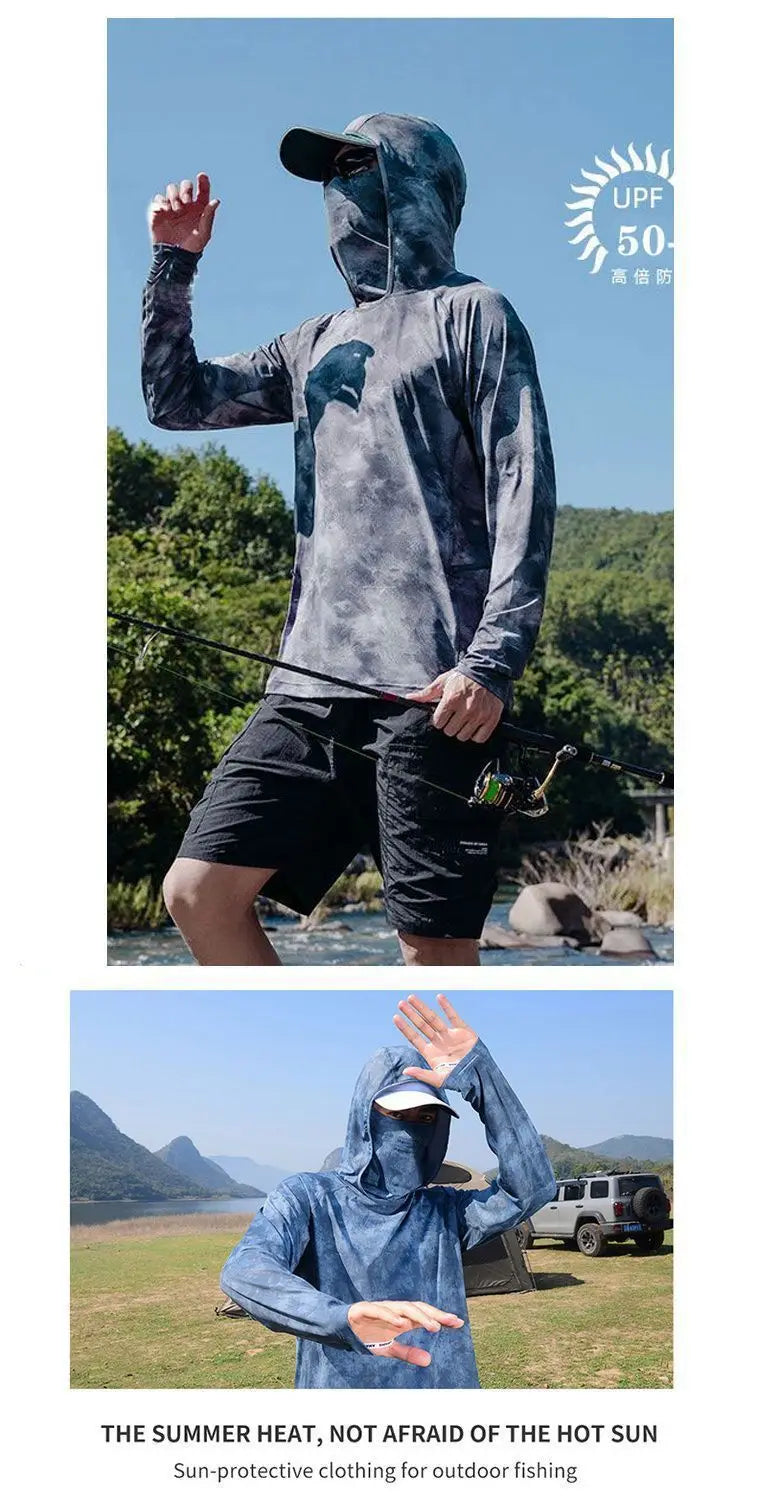 Ultra-thin Tshirts Summer Trendy Prints Lightweight UPF Sun Hoodie with Face Mask Shirt Long Sleeve Breathable UV Fishing Shirt