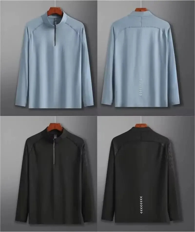 New Autumn Winter Running Gym Men Shirt Long Sleeve Tees Elastic Fit Sports Training Fitness Quick Dry Zip Collar Polo T Shirt