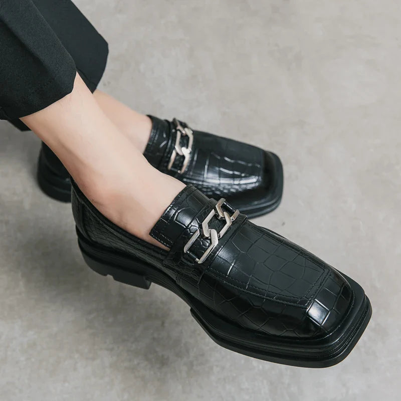 Fashionable Dress Loafers For Men, Crocodile Embossed Chain Decor Slip-on Dress Shoes