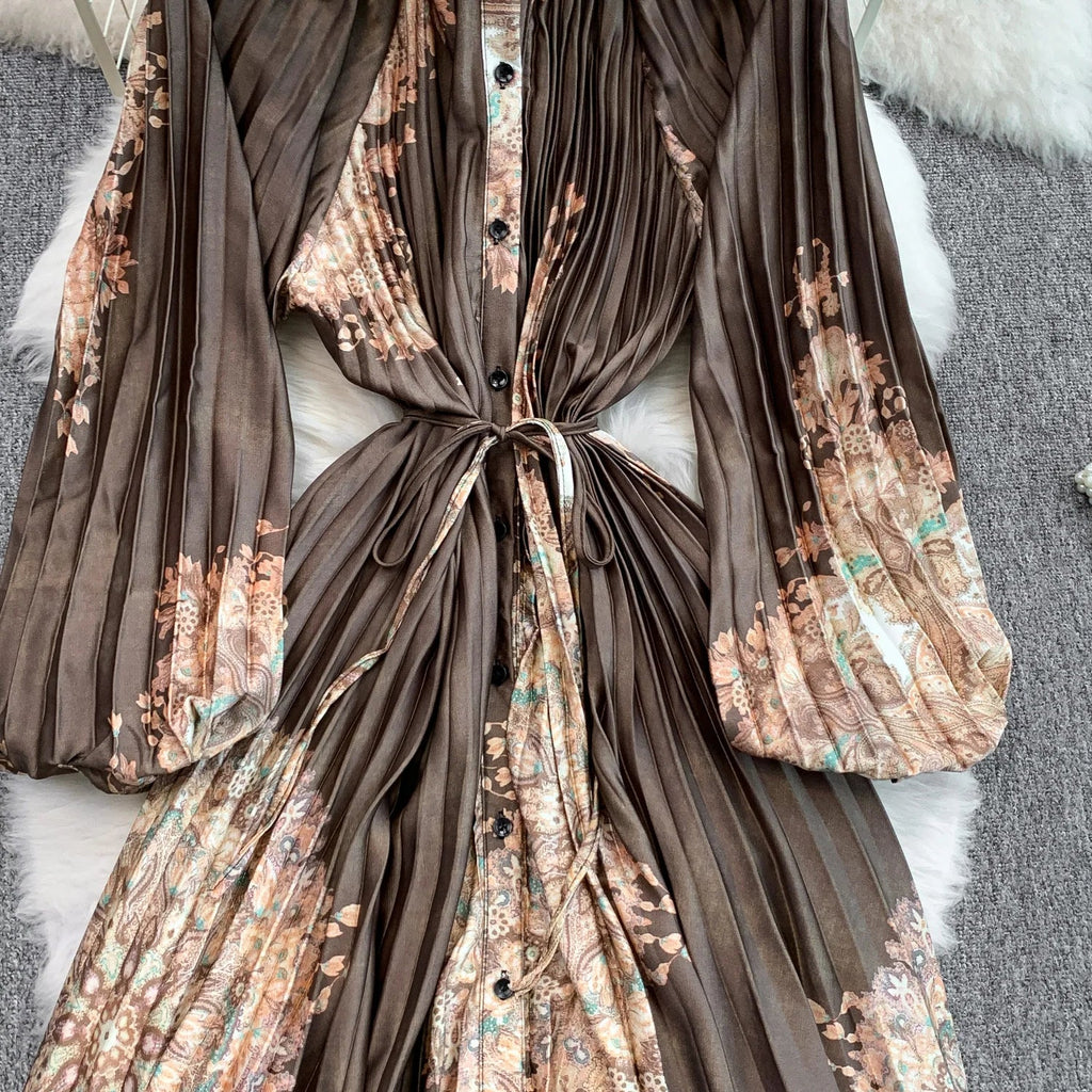 Printed round Ne Lantern Sve Dr Women's Single Button Waist Cinch Maxi Skirt Long Dr Commute Sle Autumn