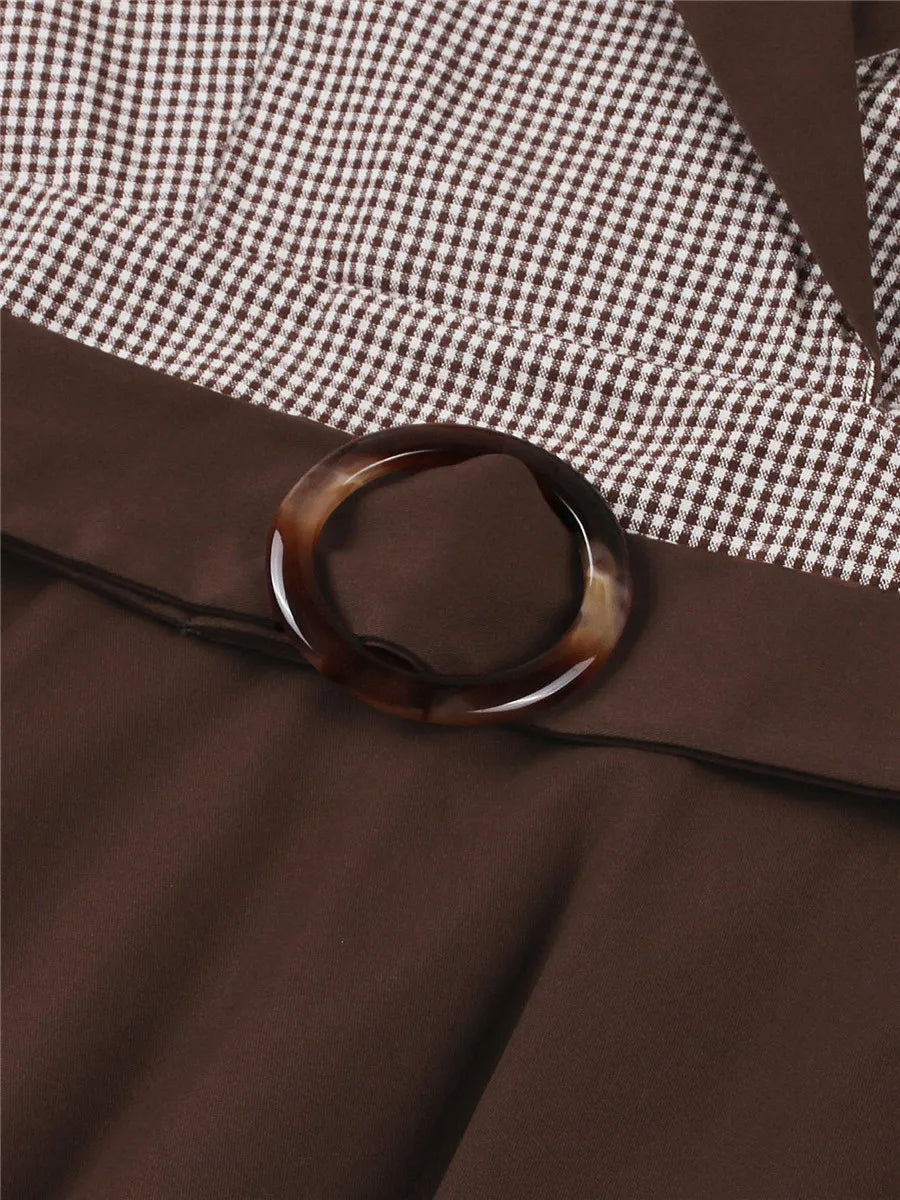 Plaid and Black Elegant Ladies Rockabilly Cotton Dresses Notched Collar 3/4 Sleeve Autumn Winter Women Vintage Dress