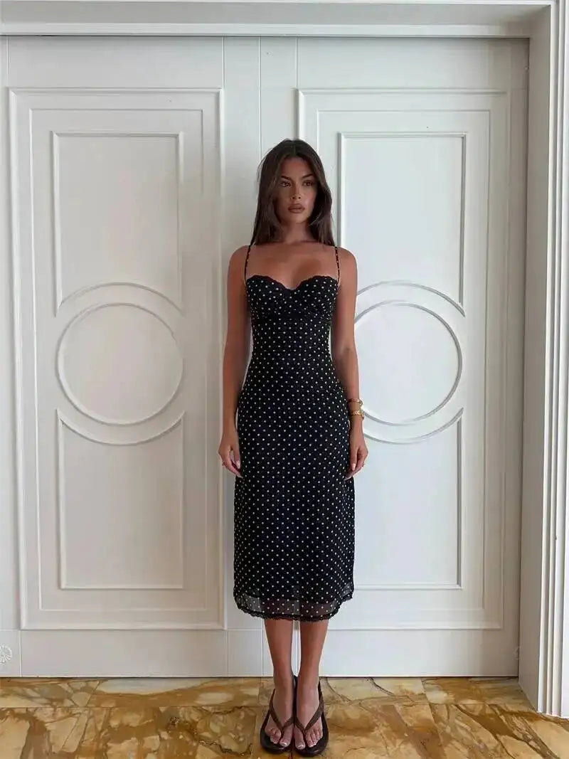 Polka Dot Spaghetti Strap Sexy Midi Dress Women Elegant Off-shoulder Backless Sleeveless Bodycon Club Party Dress