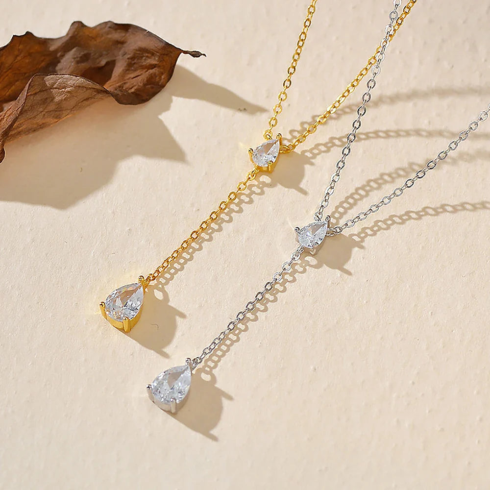 2-Stone Waterdrop Moissanite Pendant Necklace for Women 925 Silver 1.5cttw Y-Style Long Tassel Pear Cut Lab Diamond Neckchain