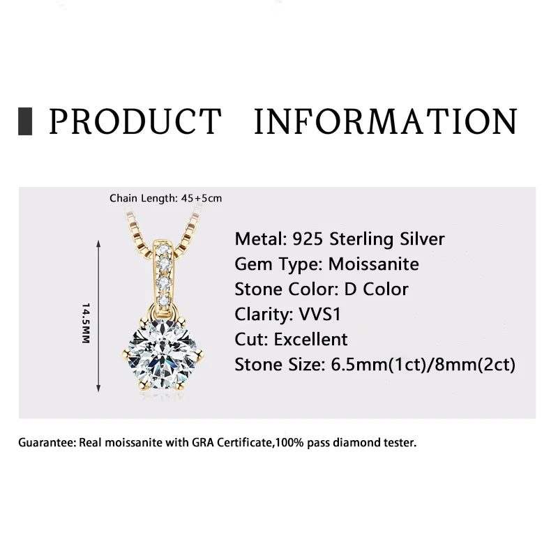 D VVS1 Moissanite Necklace Diamond Pendent 1CT-2CT with Certified 925 Sterling Silver Necklaces for Women Dainty Gifts
