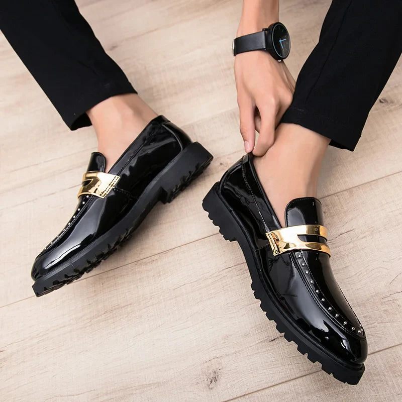 Fashion Classic Thick Sole Men's Penny Loafers Slip-On Business Dress Shoes Gentleman Metal Buckle Formal Black Shoes