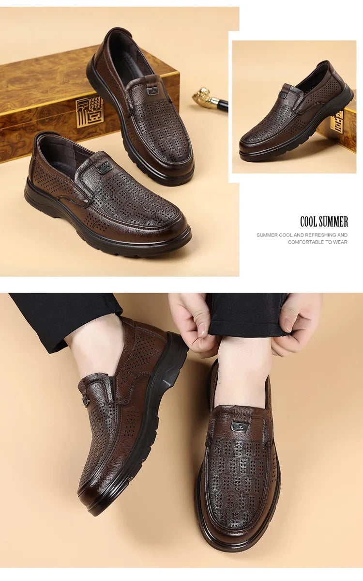 Men's Summer Breathable Leather Loafers Brown Hollow Out Slip-On Shoes Male Thick Sole Comfortable Non-slip Work Shoes for Man