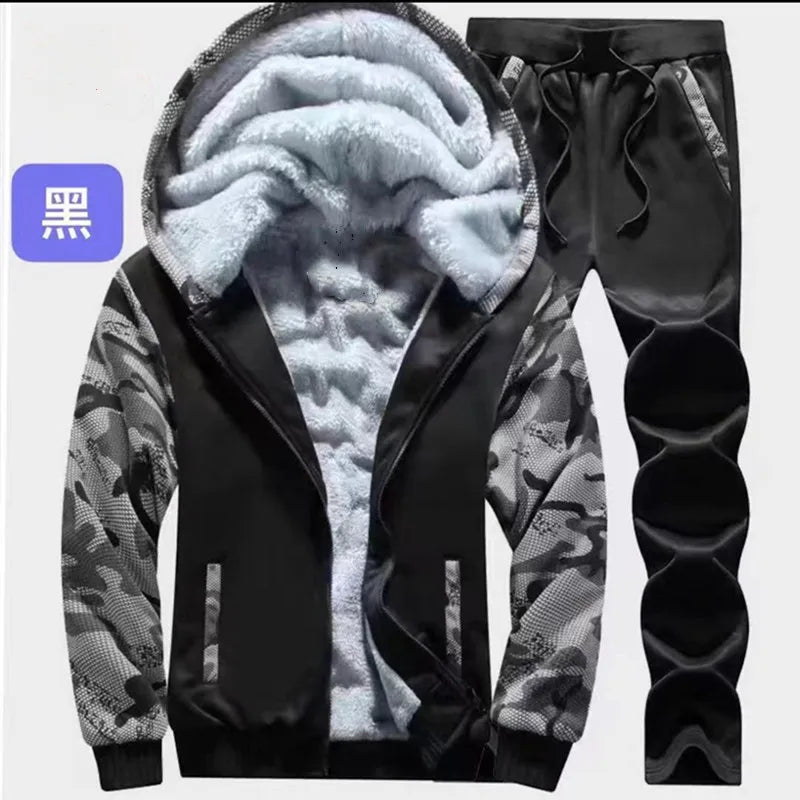 Winter Thick Men Sports Suit Men Tracksuit Hooded Sportswear Zipper Cardigan Hooded Woolen Trousers Pants Casual Men Fleece Set