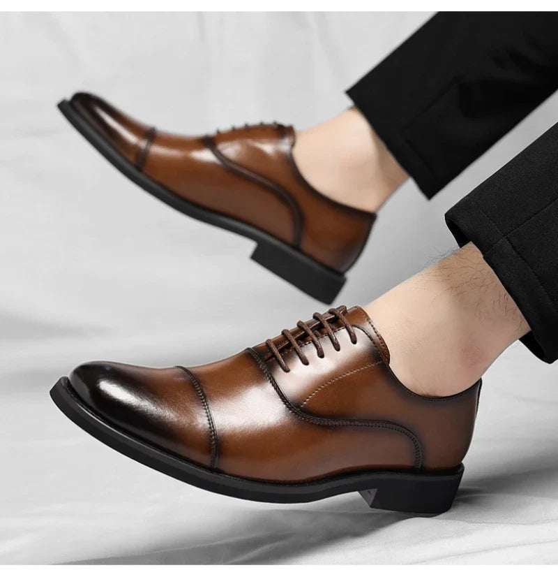 Mens Brown Gradient Leather Cap Toe Oxford Dress Shoes Lace Up Formal Business Office Work Daily Wear Comfortable Non Slip Shoes