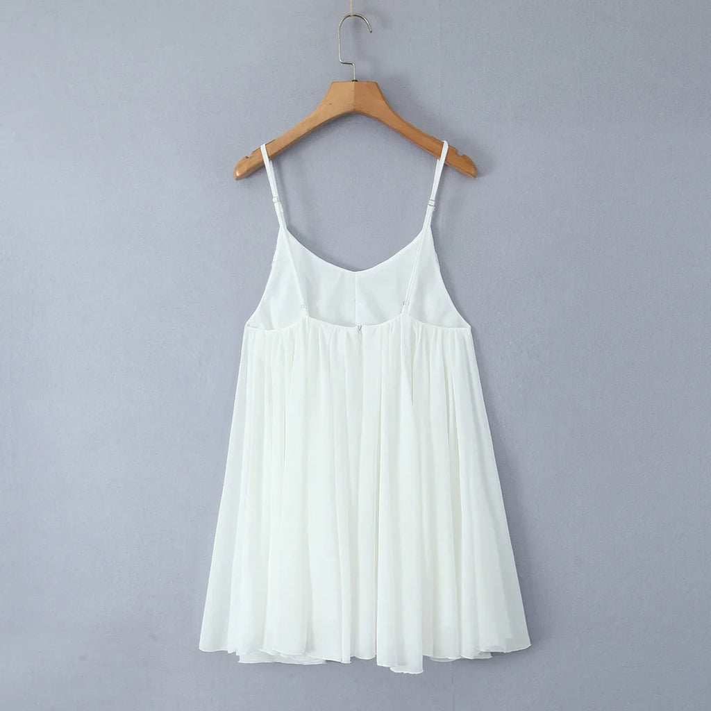 2025 Women White Big Backless Sling Dress O Neck Back Zipper Loose Swing Mini Short Dresses Holiday Robe