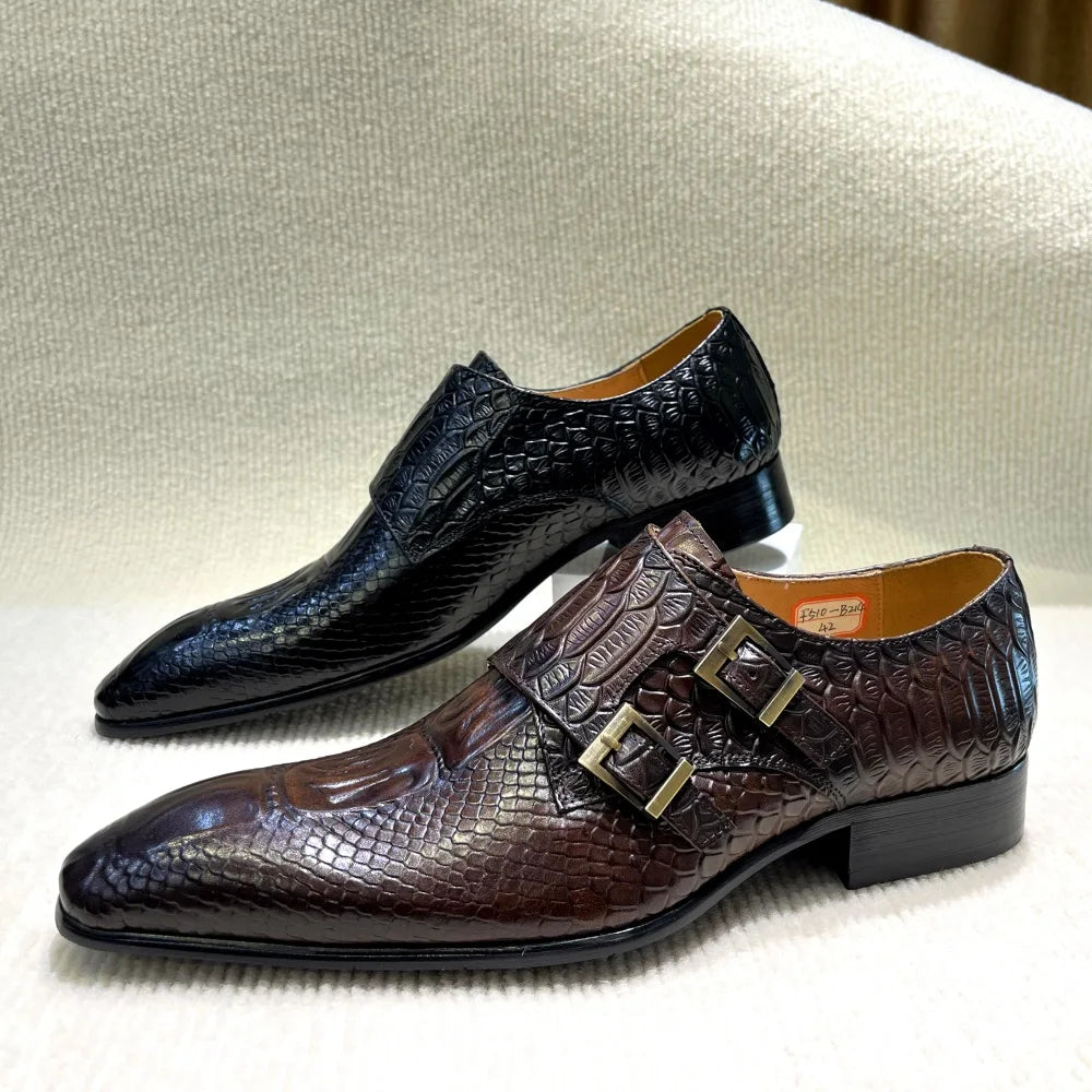 Men's Italian Genuine Leather Formal Oxford Shoes Python Crocodile Pattern Button Detailing for Office Party Wedding Footwear