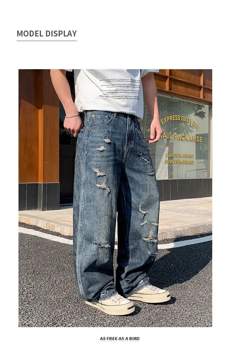 American-style distressed wide-leg jeans, loose-fitting washed and distressed straight-leg jeans, trendy brand.