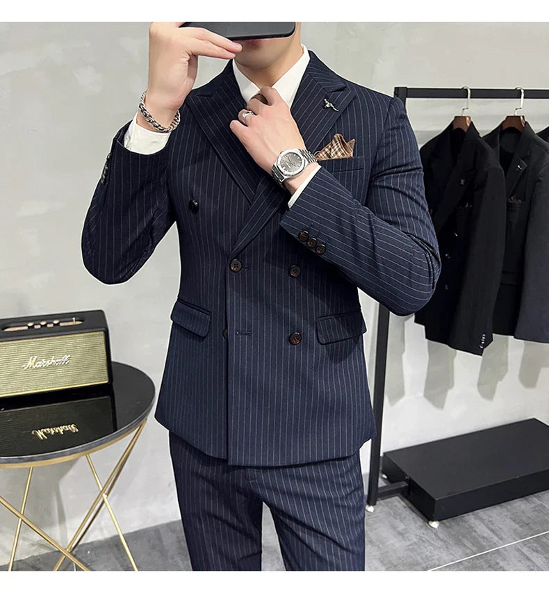 ( Blazer+Vest+Pants ) Groom Wedding Male Suit Luxury Brand Fashion Striped Men's Casual Business Office Double Breasted Suit