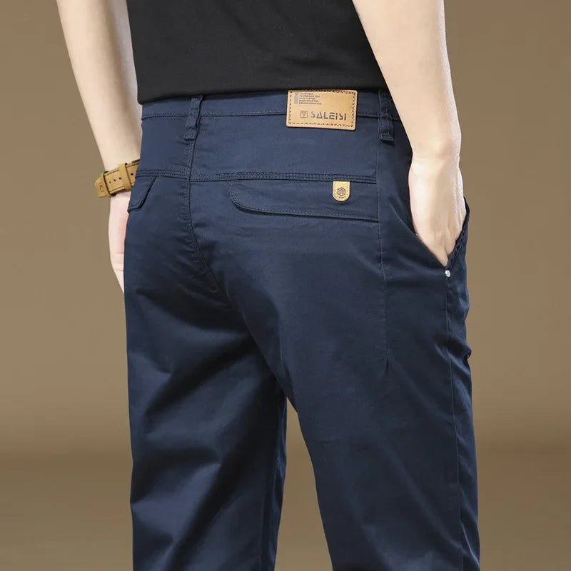 بنطلون رجالي كاجوال 97% قطن لون موحد ملابس عمل مرنة جيدة التهوية مستقيم على الطراز الكوري ماركة ملابس رجالية