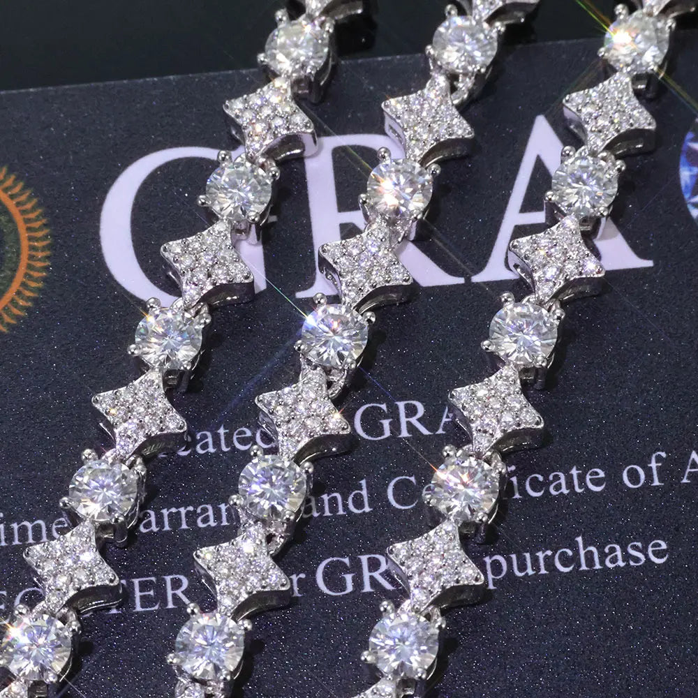 925 VVS Moissanite Star Chain Bracelet Hip Hop Jewelry Bling Iced Out Tennis Cross Bracelet Sterling Silver with GRA 7/8inch
