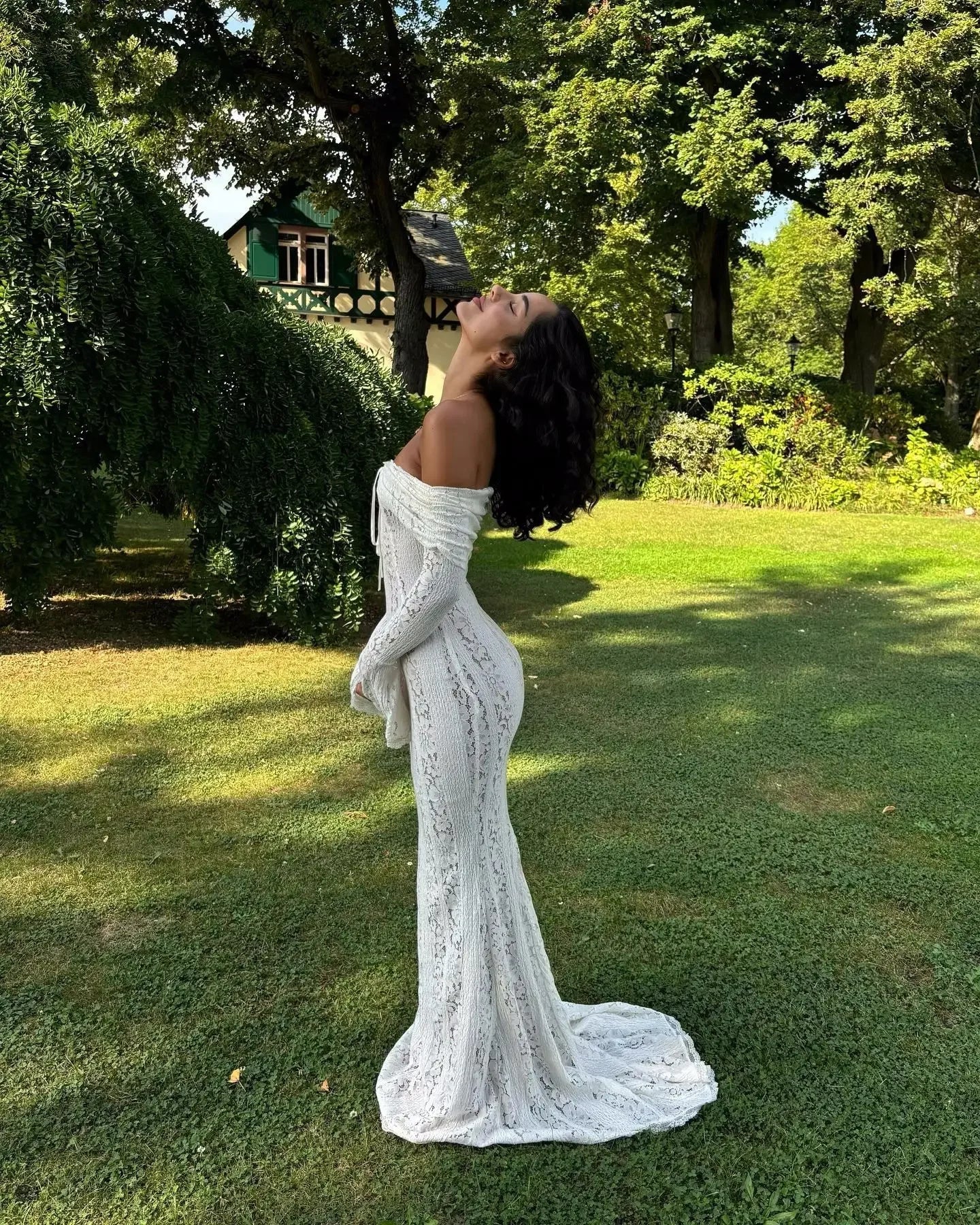Oligai Elegant Off The Shoulder Bodycon Dress 2024 New in White Flare Sleeve Lace Maxi Dress Wedding Guest Dress for Women