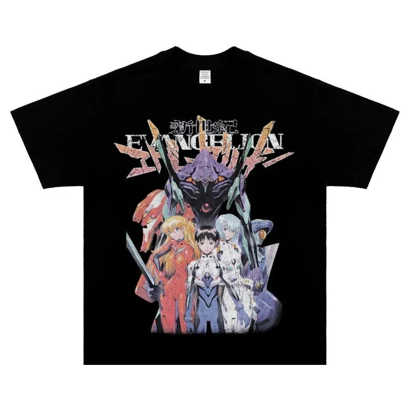 تي شيرت قطني Evangelion بتصميم كلاسيكي مطبوع عليه شخصيات أنمي، أكمام قصيرة للرجال والنساء، ملابس الشارع
