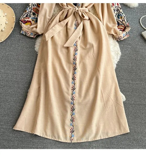 Retro Ethnic Sle Long Sve Embroidered round Ne A-Line Cotton Linen Dr Slimming Waist Cinched Ele Long Dr
