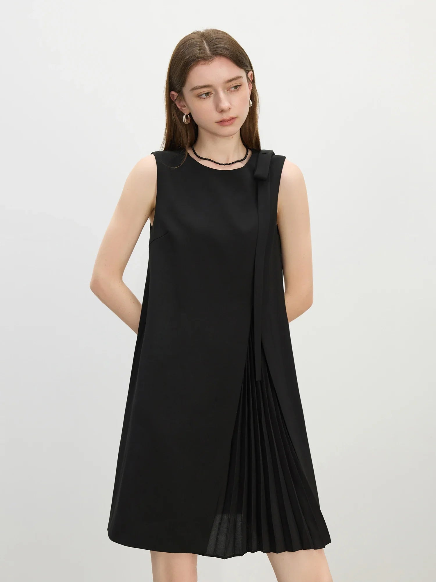 2025 Summer Petite Textured Pleated Dress - Artisan Bow Accents & Flared A-Line Silhouette for Casual Chic 25FS12622