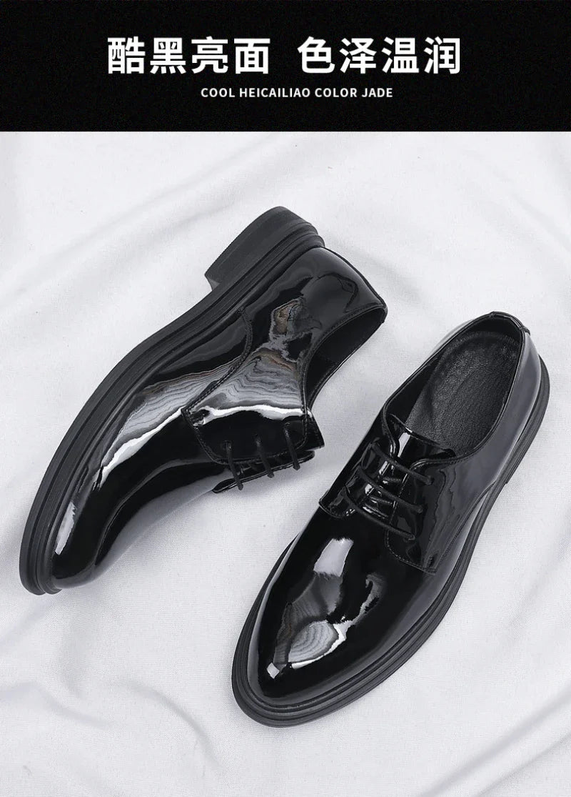 Mens Black Patent Leather Lace Up Dress Shoes With Thick Sole Platform Block Heel Formal Business Wedding Party Office Work Shoe