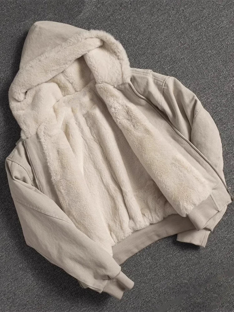 Autumn Winter Short Thickened Warm Oversized Canvas Washed Padded Jacket with Faux Fur Inside Loose Casual Hoodie
