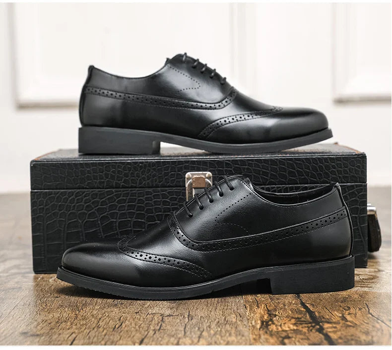 Men's Black Brogue Oxford Shoes Formal Dress Shoes for Business Wedding Red Sole Comfortable Lace-up Footwear