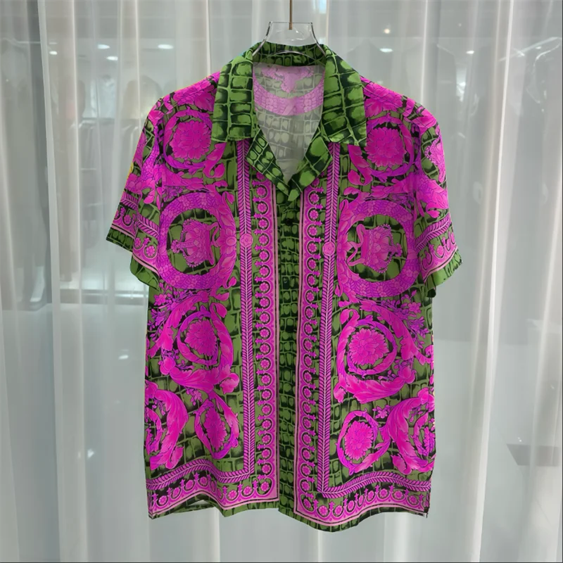 Luxury Royal Short sleeved Shirt for Men's Summer Casual Social Paisley Striped Side Flower Printed Shirt