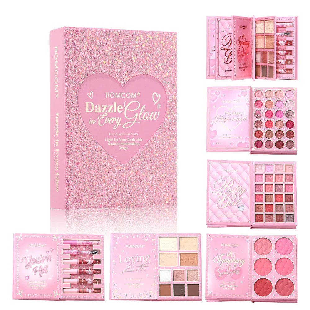 All-in-One 5-Page Makeup Magic Book: Full Kit with Multi-Shade Eyeshadow, Blush, Highlighter, Contour & Glossy Lip Gloss