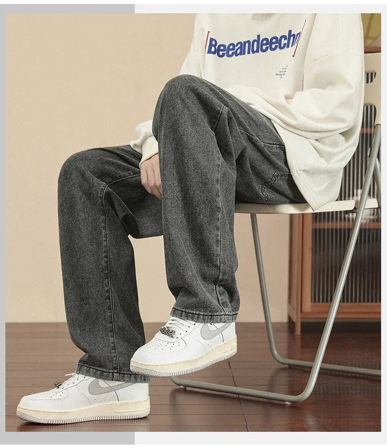 2023 New Korean Fashion Men's Casual Ankle-Length Jeans Classic Man Straight Denim Wide-leg Pants Light Blue Grey Black 3XL