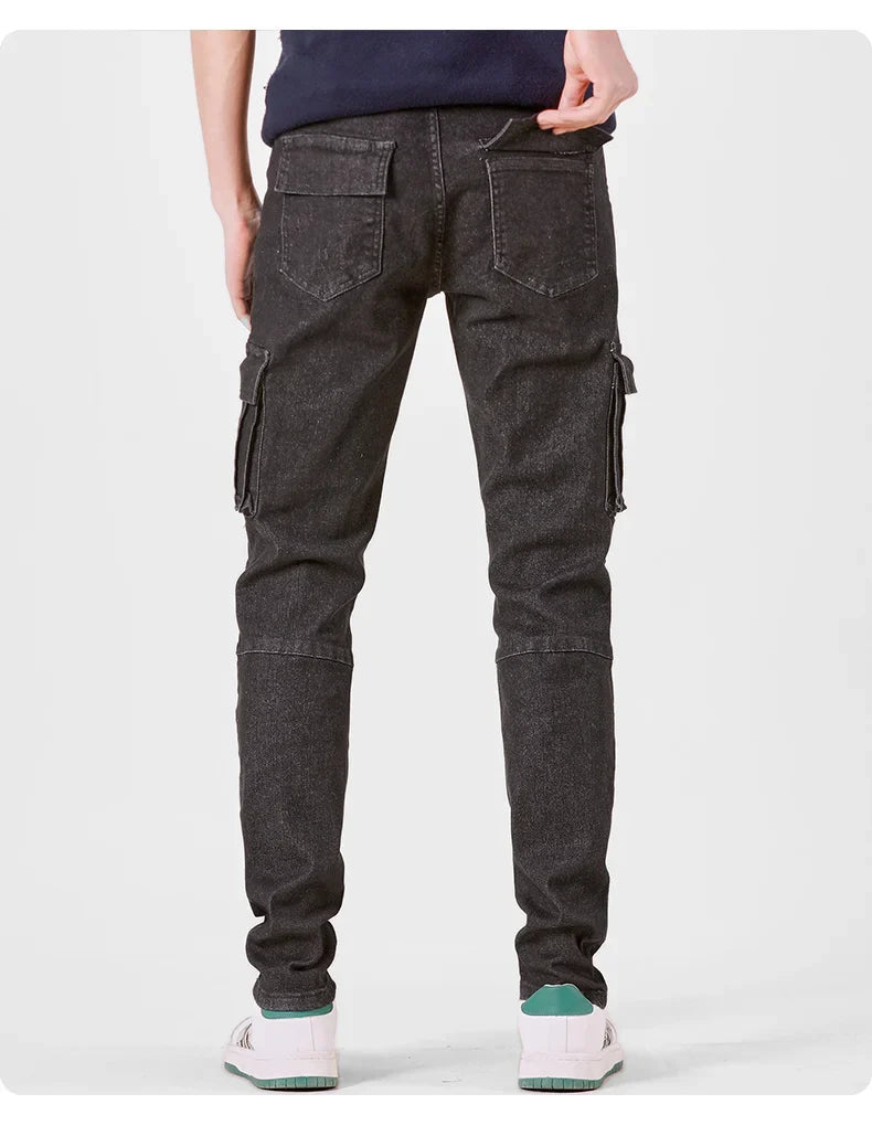 Men's Street Style Elastic Waist Denim Cargo Pants Solid Color Washed Slim Fit Casual Jeans with Multiple Pockets for Daily Wear
