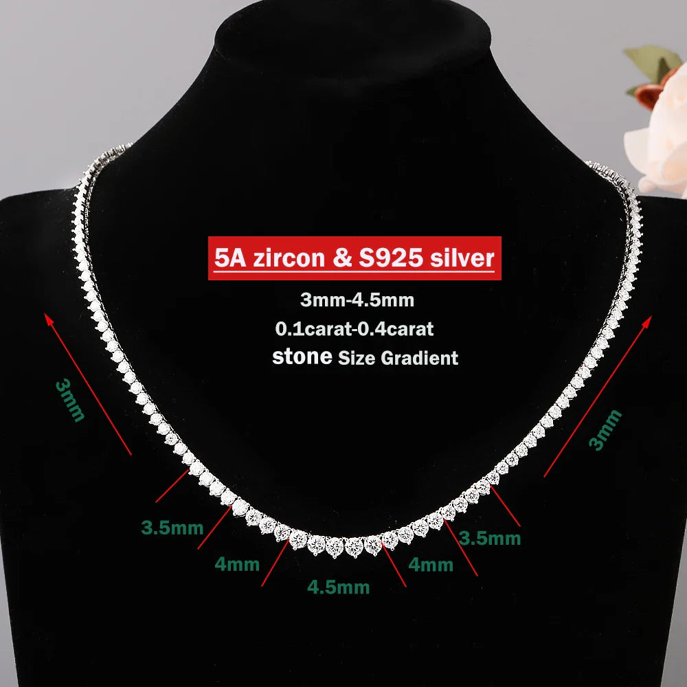 3-Claw Setting Full Moissanite Tennis NecklaceCertified Certificate 925 Silver 3-4.5mm Size Gradient Diamond Necklaces for Women