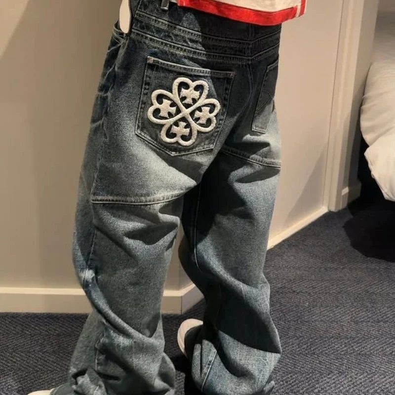 Y2K Vintage Ripped Jeans Patchwork Pocket Flower Embroidery Blue Bootcut Denim Pants American Style Hip Hip Unisex Baggy Pants