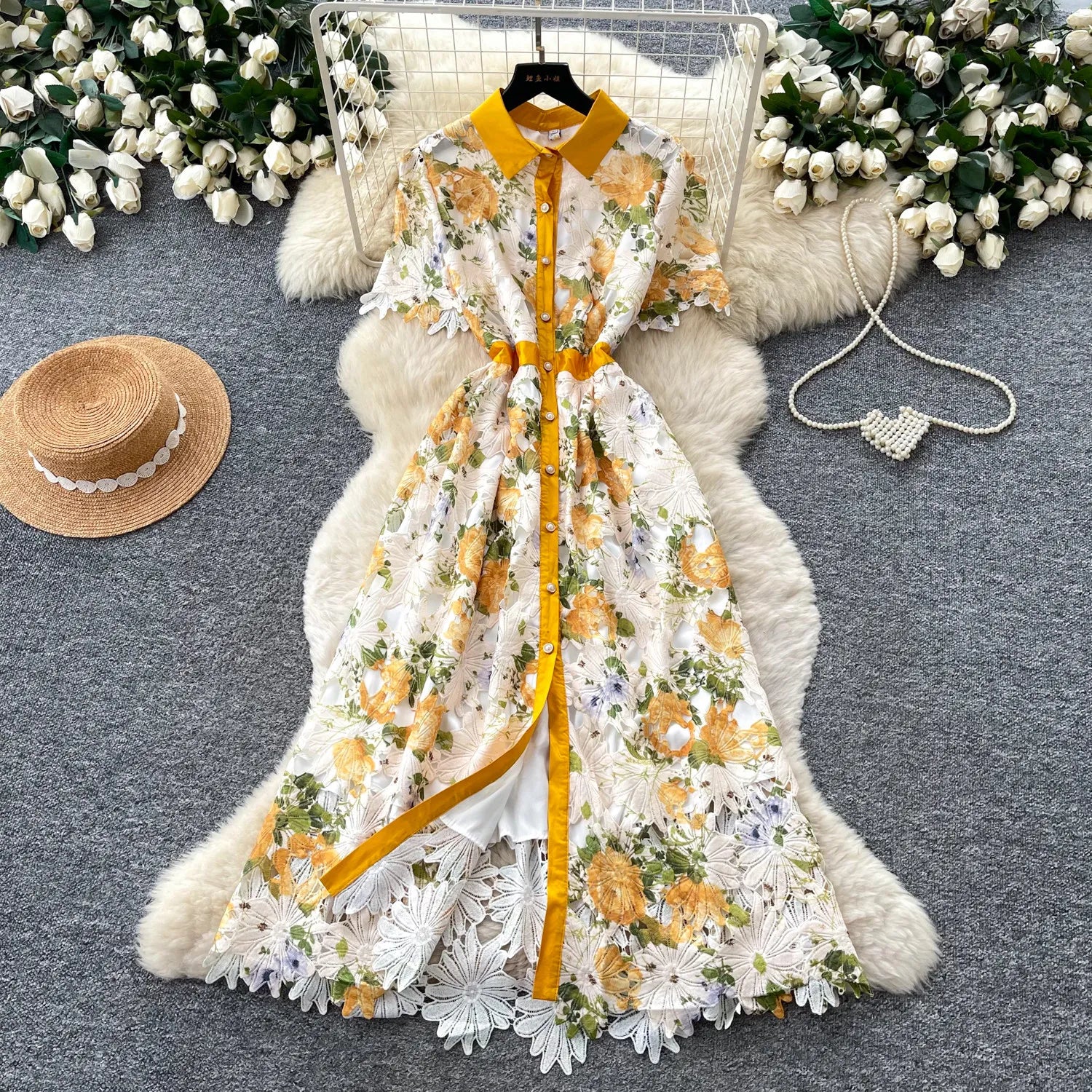 Embroidery Flower Vacation Dress French Style Blet Lapel Slim High Quality Hollow Out Ladies Elegant A-line Long Dress