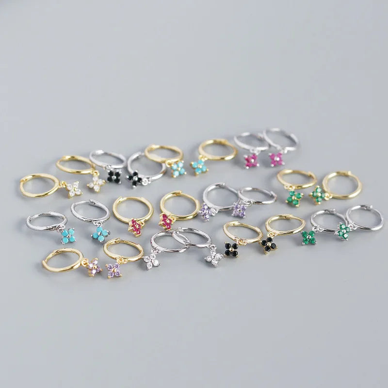 925 Sterling Silver Romantic Color Zircon Three-petal Flower Stud Earrings for Women Fashion Huggies Piercing Jewelry