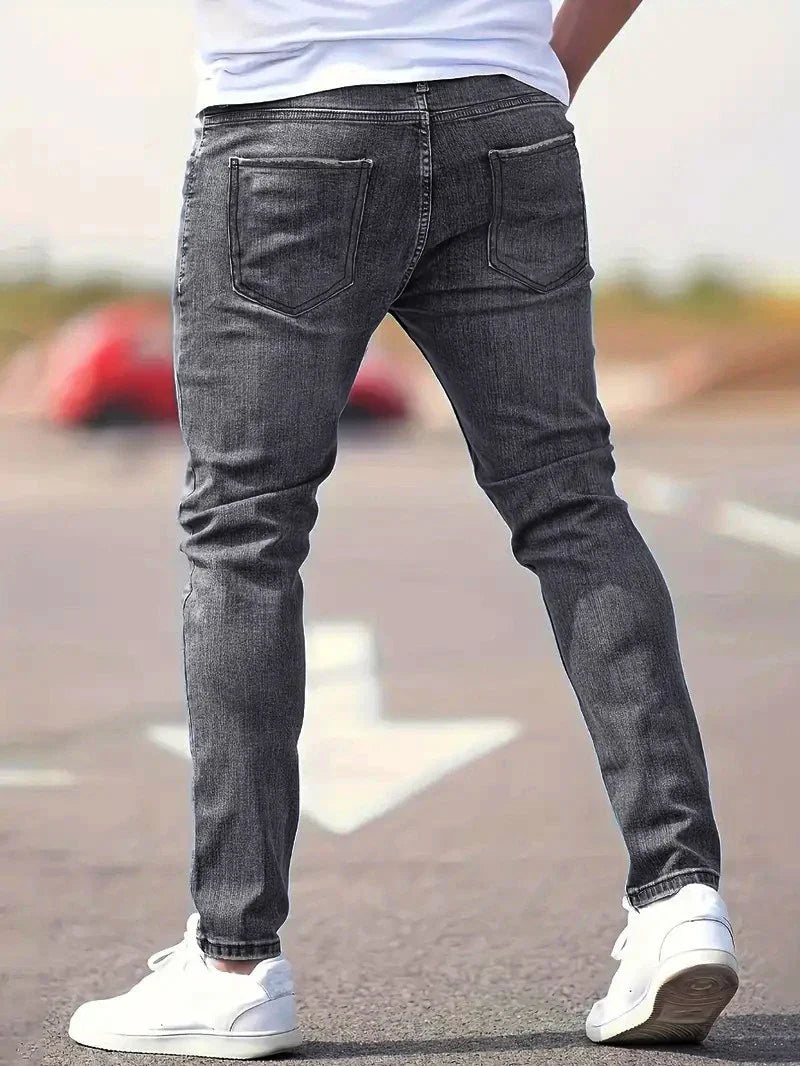 Men's American Retro Hole-Punched Stretch Slim Fit Jeans Zipper Casual Streetwear Denim Pants Classic Black Blue Skinny Trousers