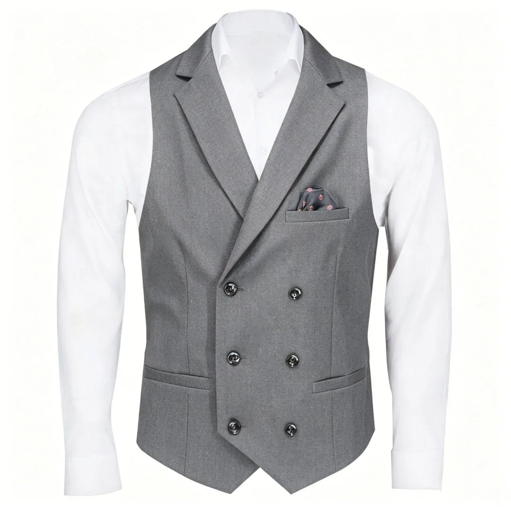 Men Vest Black Solid Double Button With Lapel Waistcoat For Business Wedding Party Banquet Prom Daily Casual Men Suit Vest