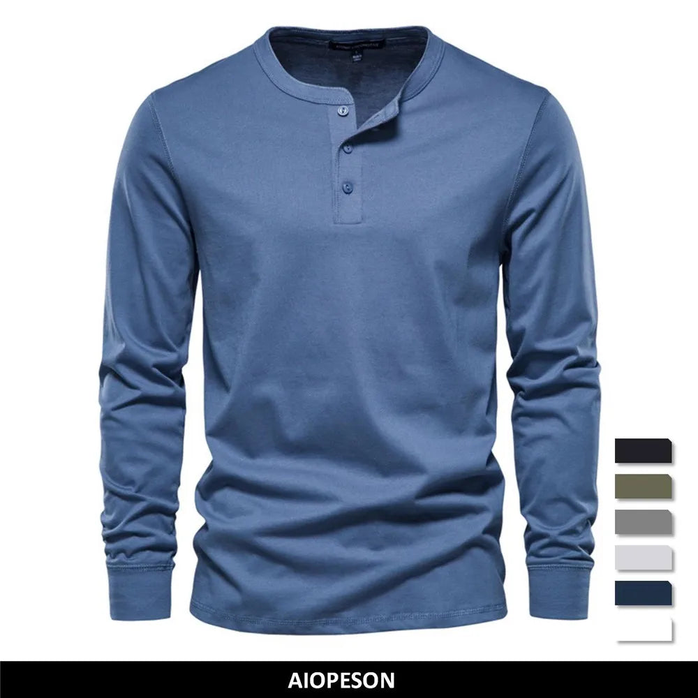 Henley Collar T Shirt Men Casual Solid Color Long Sleeve T Shirt for Men Autumn High Quality 100% Cotton Mens T Shirts