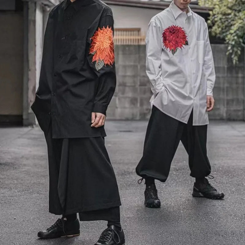Red Flower Shirt Men Japanese Elongated Dark Embroidered Floral Top