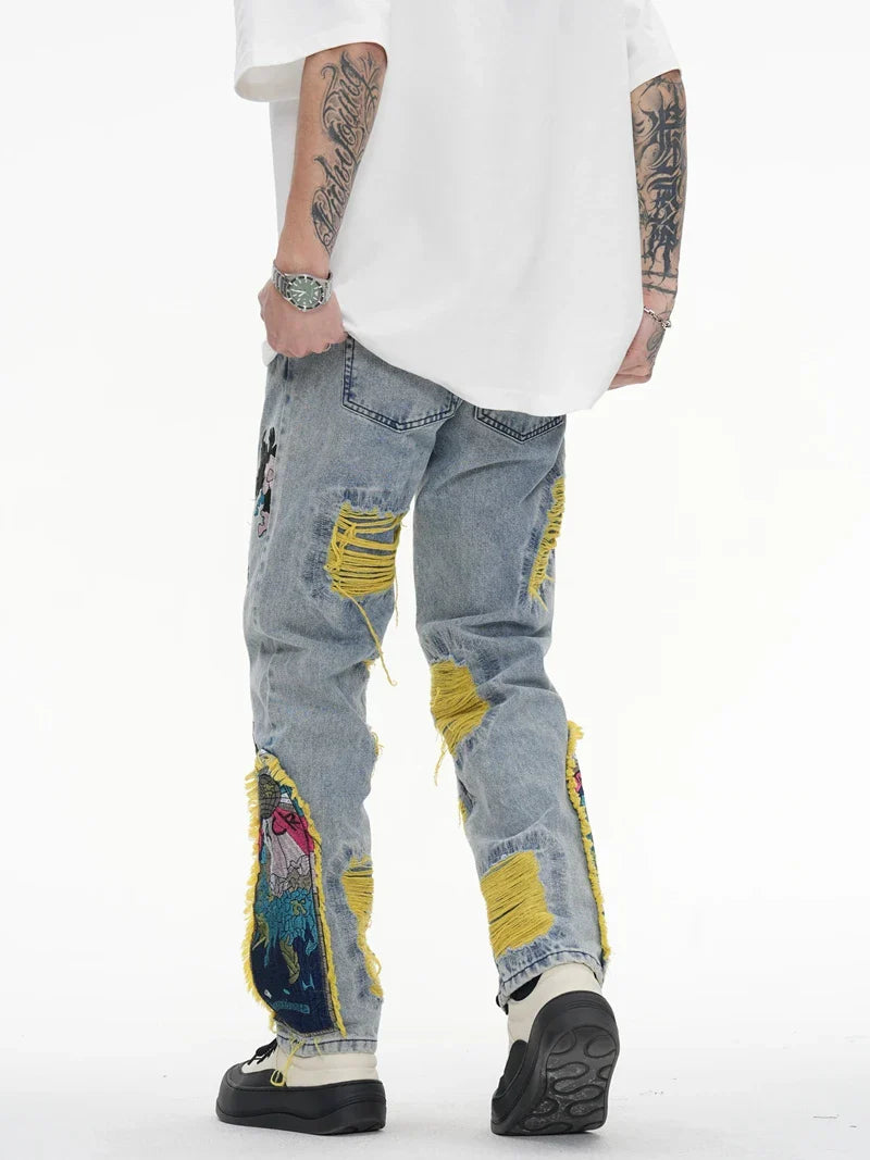Chinese Painting Embroidered Patch Denim Ripped Jeans for Men Streetwear Pleated Tassels Distressed Destroyed Jean Straight Male