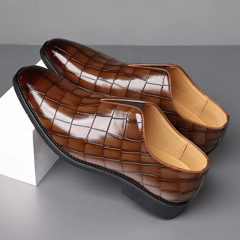 Mens Classic Temperament Brown Crocodile Embossed Leather Loafers Slip On Formal Dress Shoes For Business Office And Casual Wear