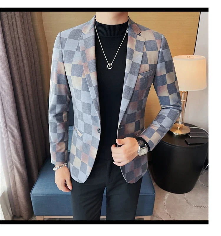 Brand Luxury Plaid Suit Jacket for Men 2023 Autumn Casual Blazer Masculino Fashion Slim Business Wedding Groom Social Dress Coat