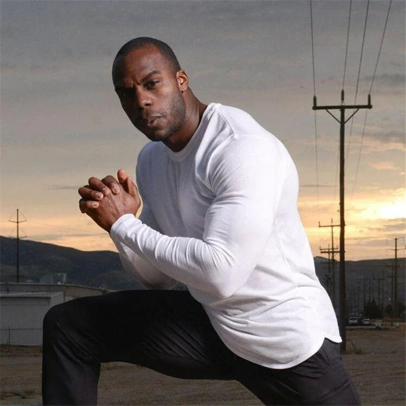 Plain Autunm Cotton Long Sleeve T-shirts Gym Clothing Bodybuilding Fitness Clothing Mens Casual Fashion Slim Fit Sports Shirts
