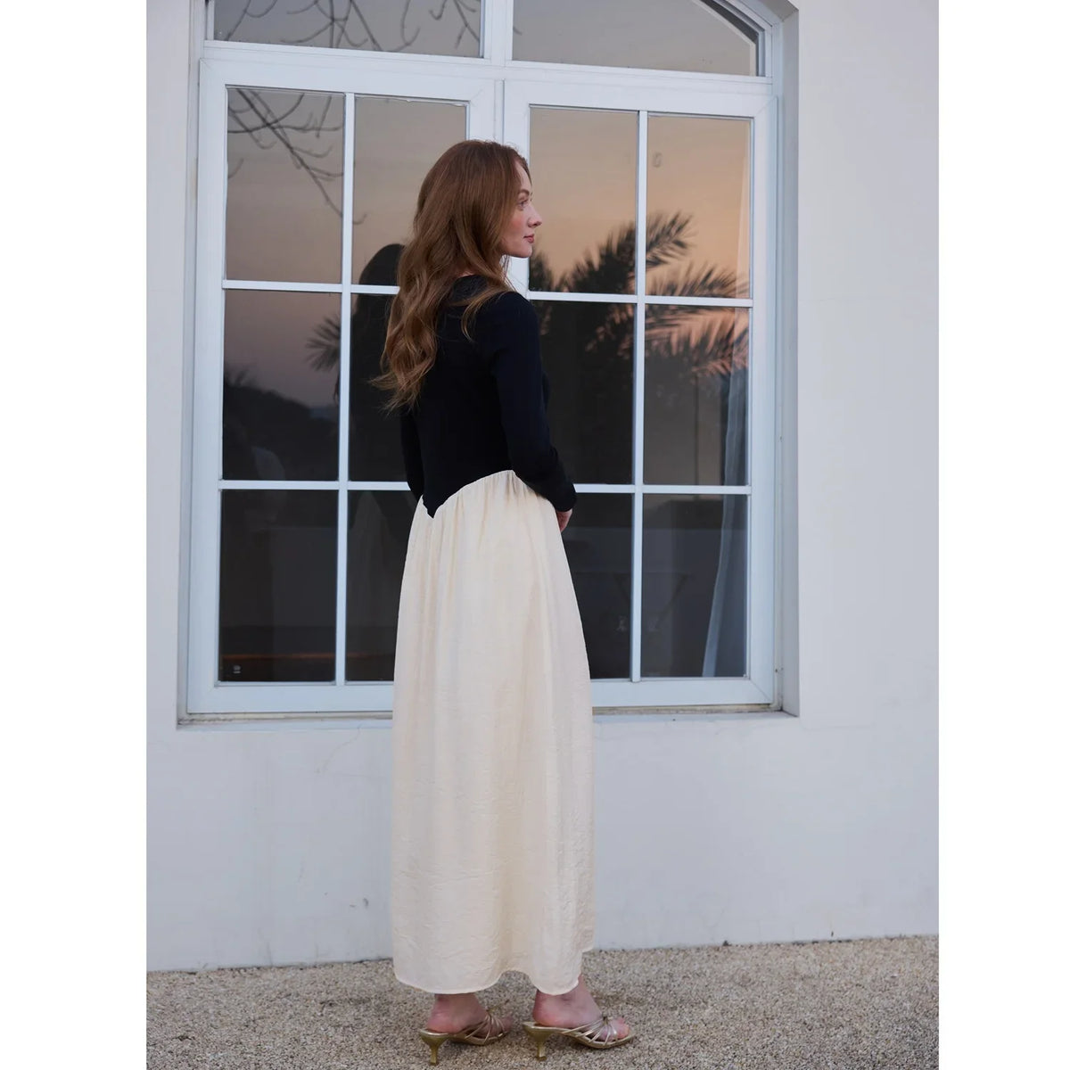 SS2026 Women Crinkle Dress Jersey Top Black Patchwork Apricot Elegant Lady Maxi Dress