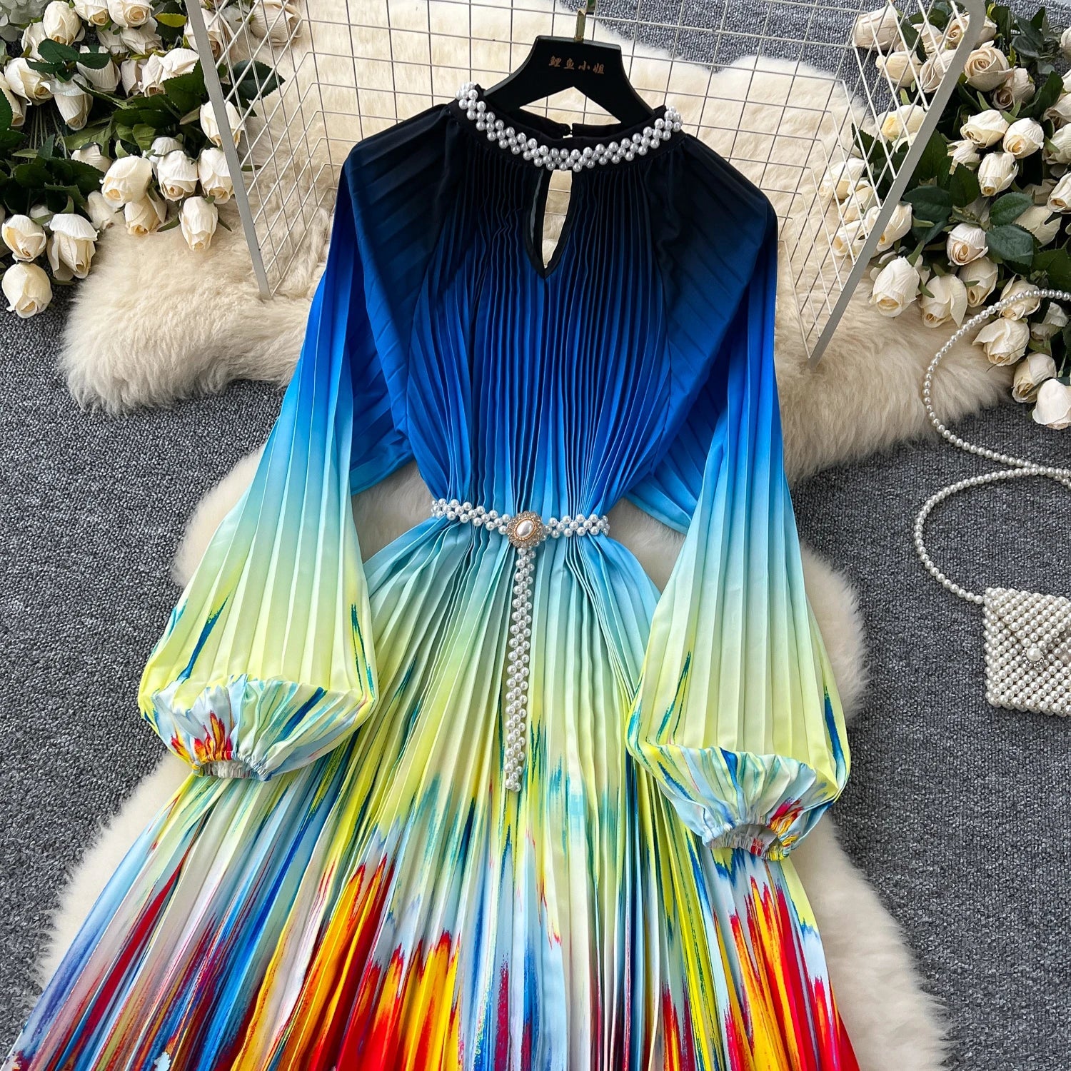 High-End Women's Dr Faionable Beaded round Ne Hollow out Pleated Lantern Sve Waist Cinched Floral Print Lon...