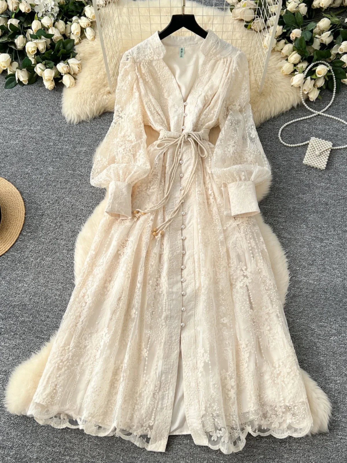 High-End Women's Dress Heavy Embroidery A-Line Long Skirt V-Neck Lantern Sleeve Single Button High Waist Korean Style Commute
