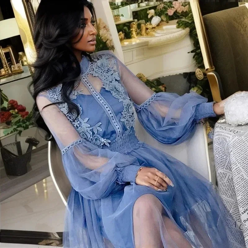 Lace Flower Mesh Summer Dress Women Lantern Sleeve White Casual Dresses Female Party Vintage Slim Women Dress 2 Piece Sets 12041