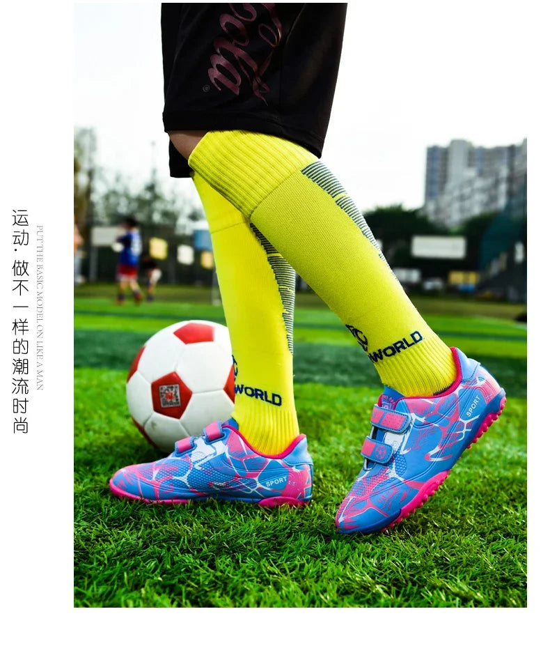 Kids Soccer Shoes Outdoor Non-Slip Football Sports Shoes Boy Training Shoes Child HOOK&LOOP Lightweight Children's Soccer Cleats