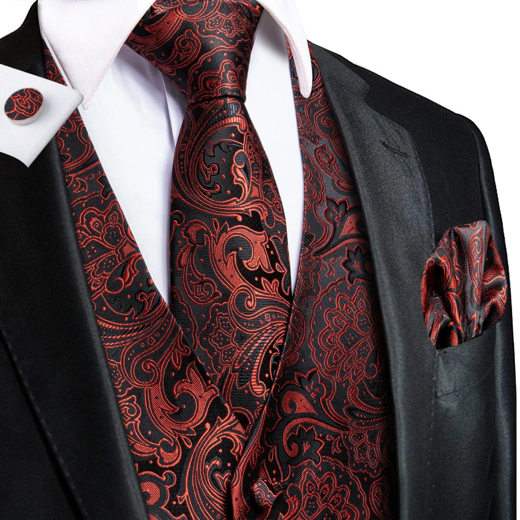 Formal Rose Pattern Paisley Plain Solid Mens Vest Party Wedding Waistcoat Pocket Square Tie  Hankie Suit Set